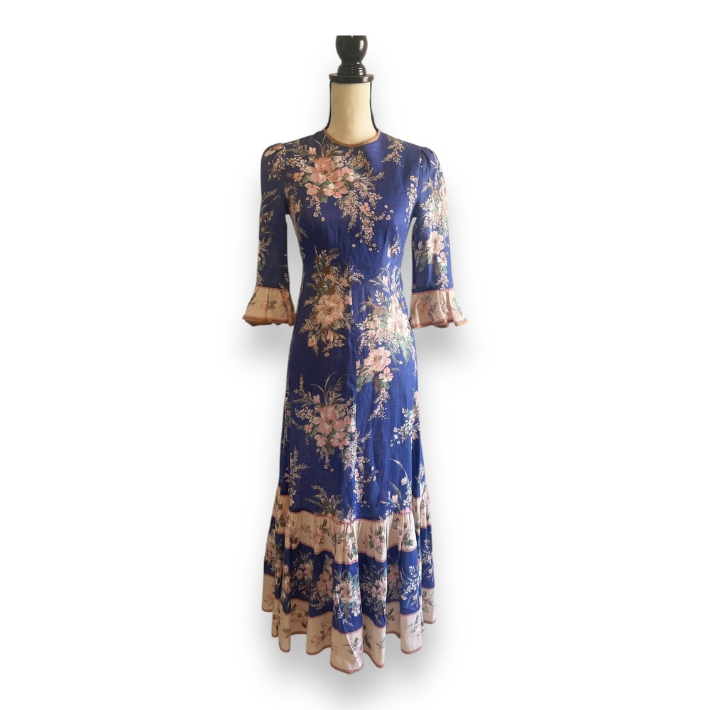 Zimmermann Moonshine Blue Floral Linen Tiered Maxi Dress Size S (0) Prairie Boho
